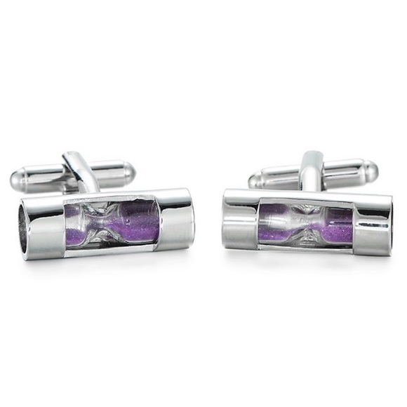 Unique Silver Cylinder Purple Sand Hourglass Cufflinks - Picture 1 of 17